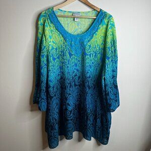 Catherines Blouse Top 3X 26W Blue Green Lace Neckline‎ Micro Pleated Art Boho